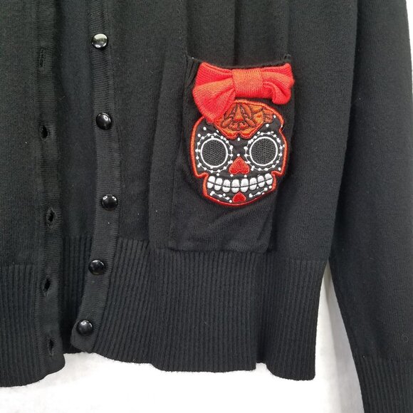 Too Fast Cardigan Womens XL Sugar Skull Bow Embroidery Button Stretch Knit Black - Picture 8 of 16